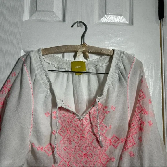 Maeve Anthropologie Sz 12 White Linen Boho Embroidered Blouse Pink Stitch - Picture 11 of 15